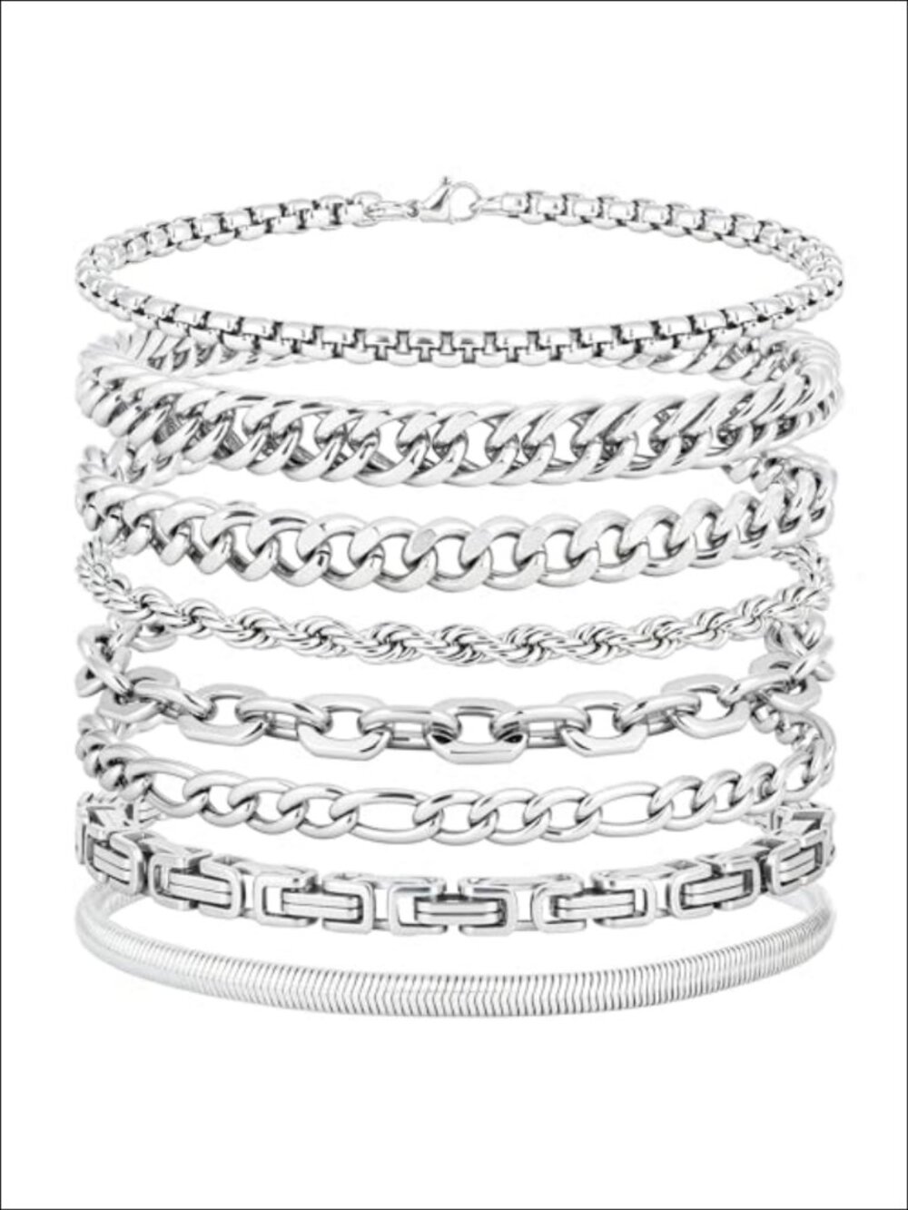 Men's Stainless Steel Chain Bracelet Set 8.3 In Cuban Link Curb Figaro Rope